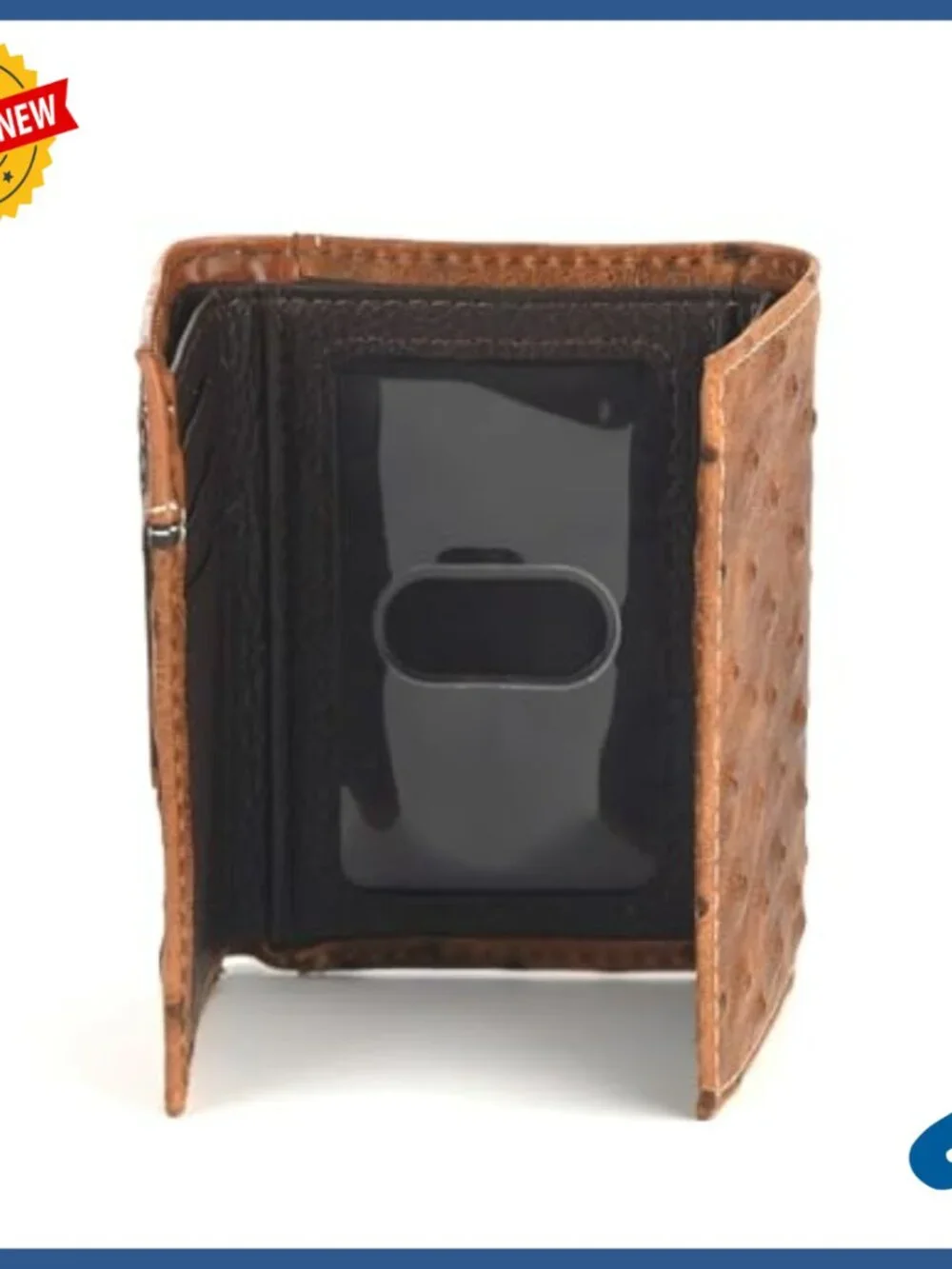Genuine Leather Tri-Fold Wallet with Ostrich Print and Floral Embossing